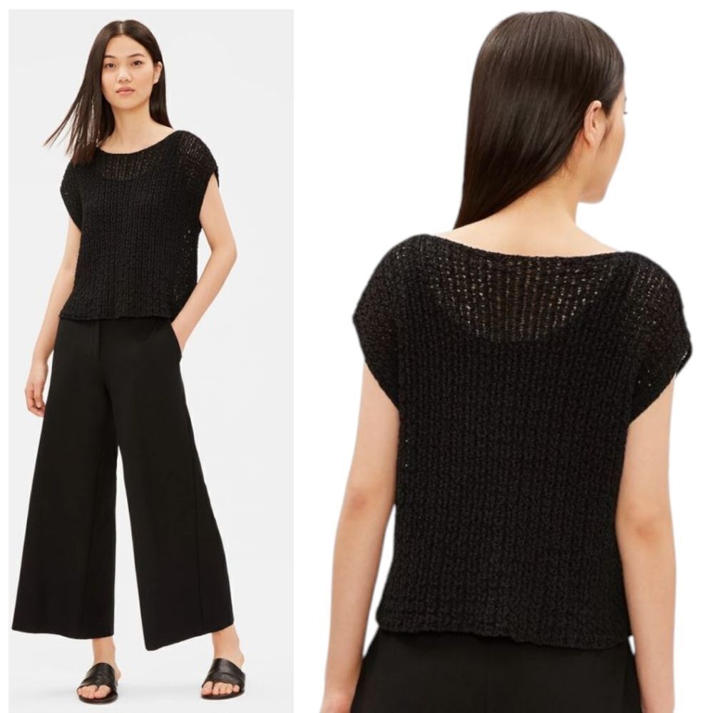 Eileen Fisher Black Organic Cotton Bateau Neck Oversized Knit Vest S